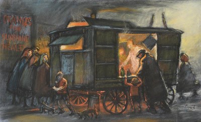 Lot 783 - Norman Stansfield Cornish (1919-2014)  Figures outside the Spennymoor chip van Signed, pastel, 33cm