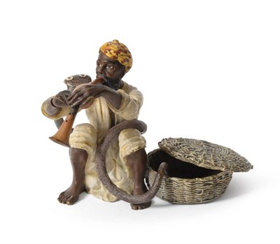 Lot 785 - A Franz Bergmann Vienna Cold Painted Bronze of a Seated Snake Charmer, circa 1900, sat beside a...