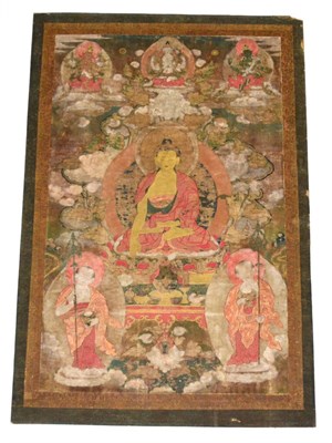 Lot 816 - A Sino-Tibetan Thangka, 18th century, depicting Amitabha seated in meditation on a lotus dais,...