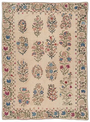 Lot 861 - Nurata Suzani Emirate of Bukhara Woven in silk on linen, comprised of four panels of flowering...