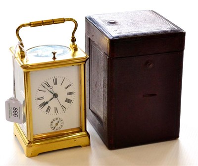 Lot 866 - A Brass Striking and Repeating Centre Seconds Alarm Carriage Clock, circa 1900, carrying handle and