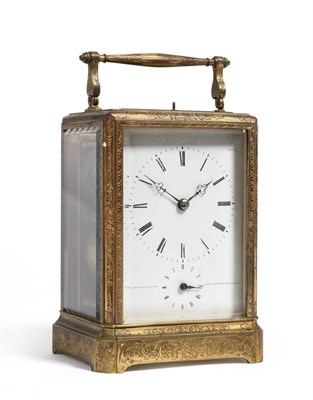 Lot 867 - An Engraved Gilt Brass Quarter Striking and Repeating Alarm Carriage Clock, signed Le Roy & Fils Hr