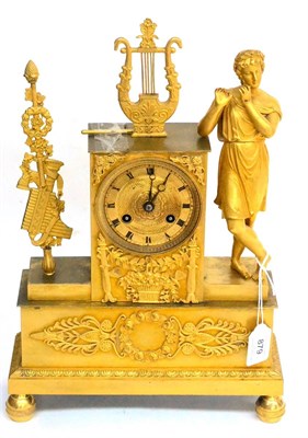 Lot 879 - An Ormolu Striking Mantel Clock, circa 1840, the musical themed case flanked by a gentleman in...