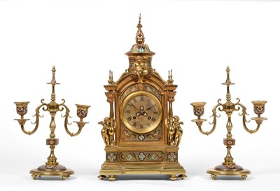 Lot 882 - An Ormolu Champleve Enamel Striking Mantel Clock with Garniture, circa 1880, the elaborate case...