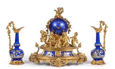 Lot 885 - A Gilt Metal and Porcelain Mounted Striking Mantel Clock with Garniture, signed Levy Freres A...