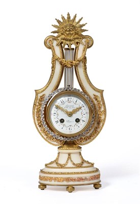 Lot 903 - A Small White Marble and Ormolu Mounted Striking Lyre Mantel Clock, retailed by Causard hger du...