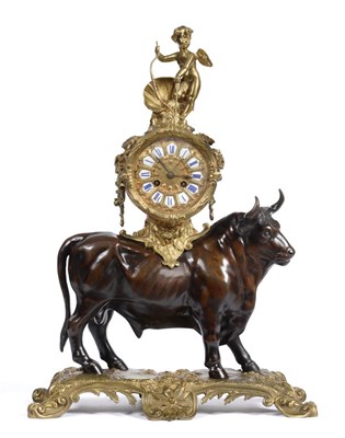 Lot 907 - A Louis XV Style Gilt and Patinated Bronze Bull Striking Mantel Clock, circa 1880, surmounted...