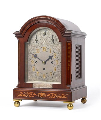 Lot 933 - A Small Mahogany Inlaid Chiming Presentation Table Clock with a coal mining connection for...