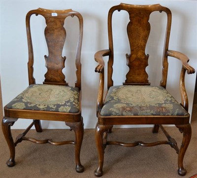 Lot 1067 - A Set of Eight Figured Walnut Queen Anne Style Dining Chairs, early 20th century, with curved...