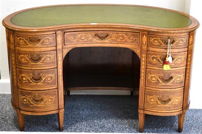 Lot 1075 - A Mahogany and Marquetry Inlaid Kidney Shaped Desk, labelled Edwards & Roberts, Oxford Street,...