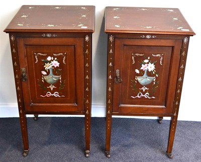 Lot 1077 - A Pair of Edwardian and Polychrome Painted Bedside Cupboards, early 20th century, inlaid with...