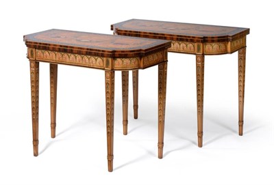 Lot 1080 - A Pair of George III Style Satinwood and Polychrome Decorated Card Tables, of recent date, the...