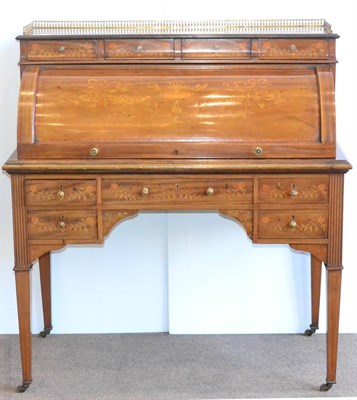 Lot 1083 - An Edwardian Mahogany, Satinwood Banded and Floral Marquetry Cylinder Bureau, the...