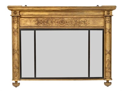 Lot 1090 - A Regency Gilt and Gesso Overmantel Mirror, early 19th century, the bold cornice above a decorative