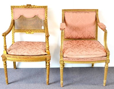 Lot 1115 - A 19th Century Gilt Louis XVI Style Fauteuil, upholstered in pink damask with padded back...