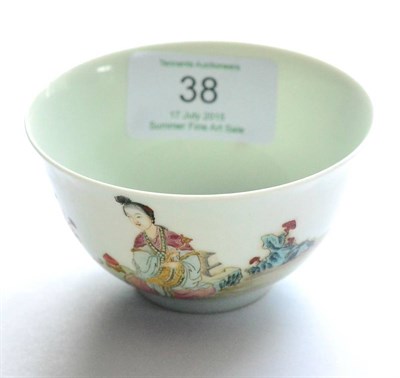 Lot 38 - A Chinese Porcelain Tea Bowl, decorated in famille rose enamels with a seated maiden and young...