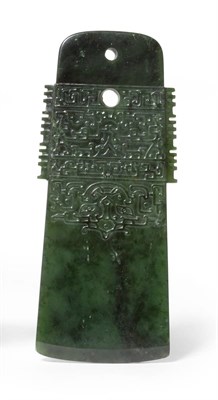 Lot 61 - A Spinach Green Jade Axe Head, of archaic bronze form, probably 18th century, pierced with two...