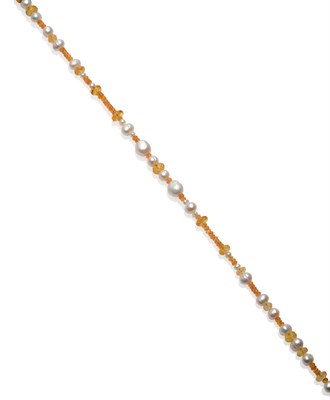 Lot 155 - A Garnet, Citrine and Cultured Pearl Necklace, faceted mandarin garnet, faceted citrine and...