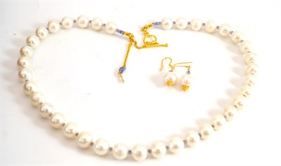 Lot 178 - A Cultured Pearl and Tanzanite Necklace and A Pair of Earrings, en suite, the off-round...