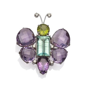 Lot 182 - A Multi Gem Bug Pendant, a round brilliant cut peridot, a step cut aquamarine and faceted pear...