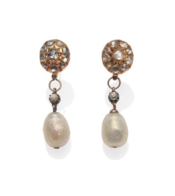 Lot 234 - A Pair of Diamond and Pearl Drop Earrings, a rose cut diamond cluster stud, with yellow claw...