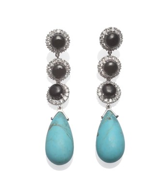 Lot 277 - A Pair of 18 Carat White Gold Onyx, Diamond and Turquoise Drop Earrings, each comprising three...