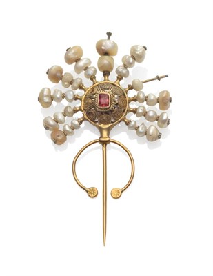 Lot 301 - A Pink Stone and Pearl Pin, the pink step cut stone set centrally within a cannetille frame, with a