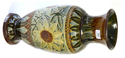 Lot 393 - A Doulton Lambeth Stoneware Vase, by Francis E Lee, decorated with carved sunflowers, impressed...