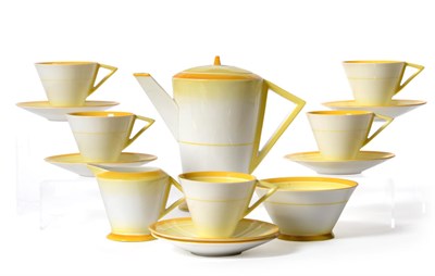 Lot 421 - An Art Deco Shelley Eve Coffee Set, pattern No.11989, of conical form with open triangular handles