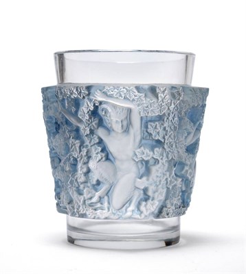 Lot 430 - A René Lalique Bacchus Clear, Frosted and Blue Stained Glass Vase, moulded with a frieze of satyrs