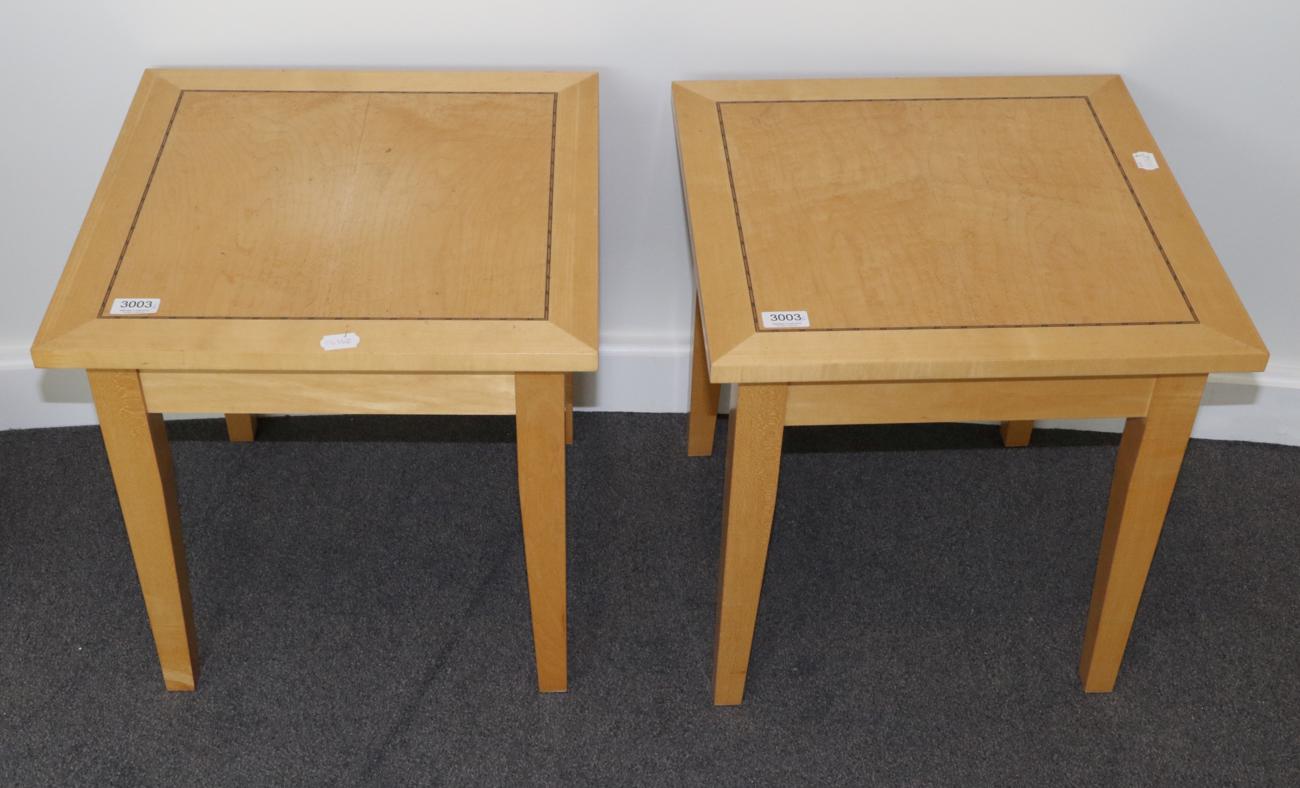 Lot 3003 - A Pair of Beech Lamp or Side Tables, modern, with strung tops, raised on square tapering legs, 46cm