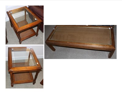 Lot 3008 - A Pair of Walnut and Rattan Effect Glass Top Side Tables, modern raised on square form legs...