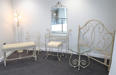 Lot 3018 - A Four Piece Wrought Iron and Cream Painted Bedroom Suite, modern, comprising a glass top...