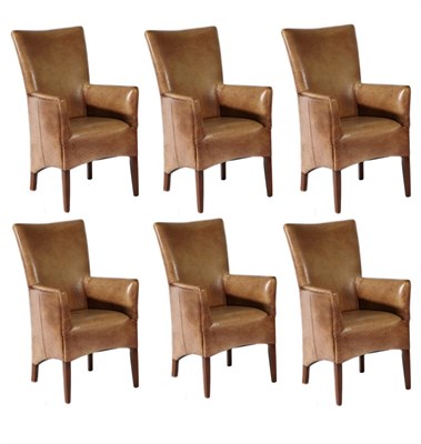 Lot 3020 - A Set of Six Armchairs, retailed by Barker & Stonehouse, modern, upholstered in vintage brown...