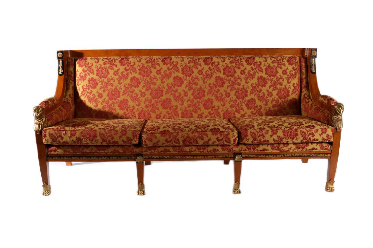 Lot 3027 - An Egyptian Revival Burr Maple, Ebony and Gilt Metal Mounted Three-Seater Sofa, modern, upholstered