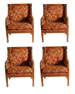 Lot 3028 - A Set of Four Egyptian Revival Burr Maple, Ebony and Gilt Metal Mounted Armchairs, modern,...