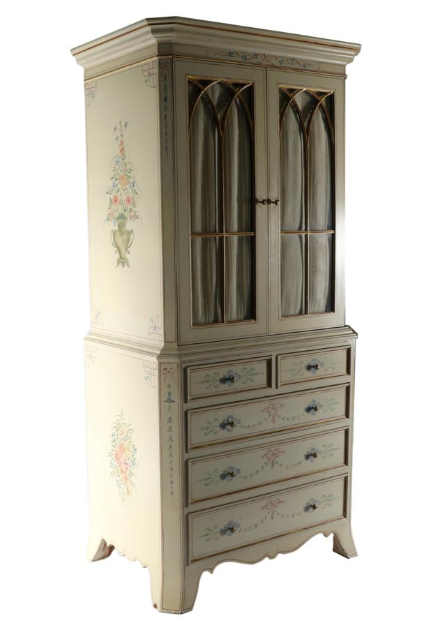 Lot 3034 - A Cream and Polychrome Decorated Cabinet on Chest, modern, painted with flowerbells and ribbons...