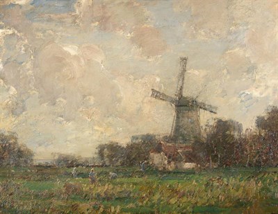 Lot 643 - Kershaw Schofield (1875-1941) Figures tending fields before a windmill Signed, oil on canvas,...