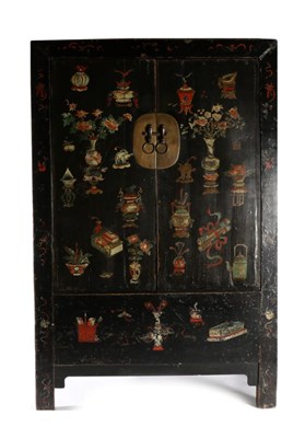 Lot 3035 - A Chinese Black Lacquer and Polychrome Decorated Wardrobe, decorated overall with Chinese...