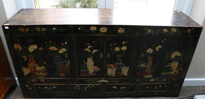 Lot 3036 - A Chinese Lacquered and Polychrome Decorated Low Sideboard, richly painted with flowers and...