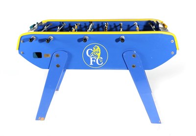 Lot 3040 - A Blue and Yellow Painted Football Table, in the colours of Chelsea Football Club, with eight...