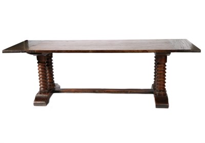 Lot 3050 - An Oak Refectory Style Dining Table, 20th century, of plank top construction with spiral turned...