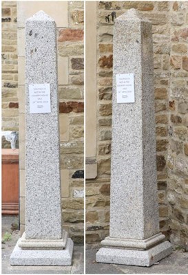 Lot 3057 - A Pair of Stone Obelisks, modern, of graduated form, with moulded stepped bases standing upon...