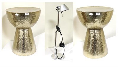 Lot 3061 - A Pair of Beaten Gilded Metal Stools, modern, 49cm high; A Desk Lamp, with orange metal base;...