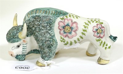 Lot 3063 - Basil Matthews: A Studio Pottery Model of a Bison, hand-painted with stylised flowers, signed...