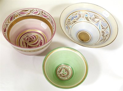 Lot 3065 - Emmie Philps (b.1918): Three Studio Porcelain Bowls, gilded and enamel stylised decoration, painted