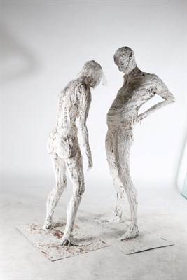 Lot 3067 - Two White Painted Plaster and Wirework Figures in the form of a Male and Female, standing on...