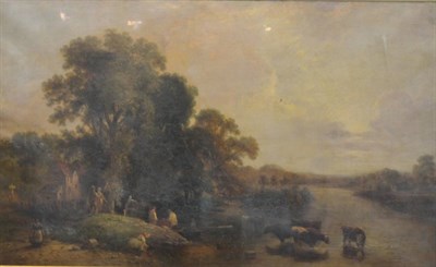 Lot 658 - Attributed to Henry John Boddington (1811-1865) River landscape with figures and cattle...