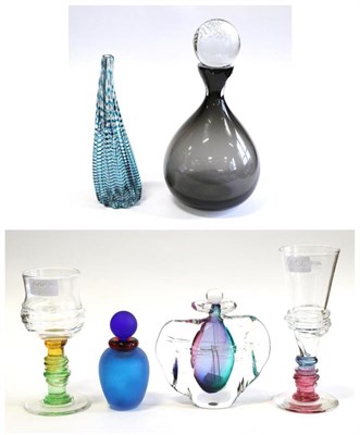 Lot 3090 - A Modern Studio Glass Scent Bottle, clear cased  turquoise and purple, unmarked, 16cm; another...