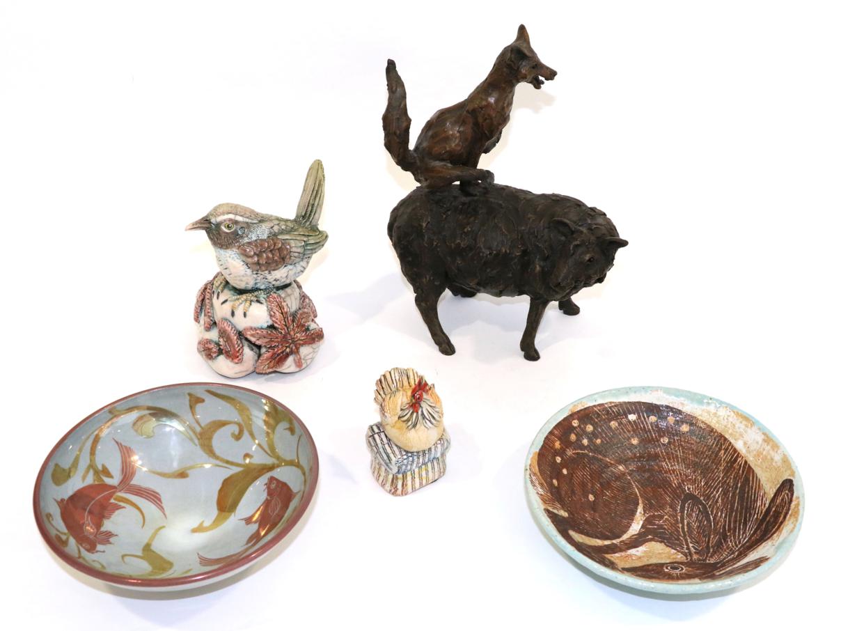 Lot 3091 - Suzie Marsh: Leapfrogging Fox, copper and bronze resin, impressed mark, 28cm high; Jonathan...